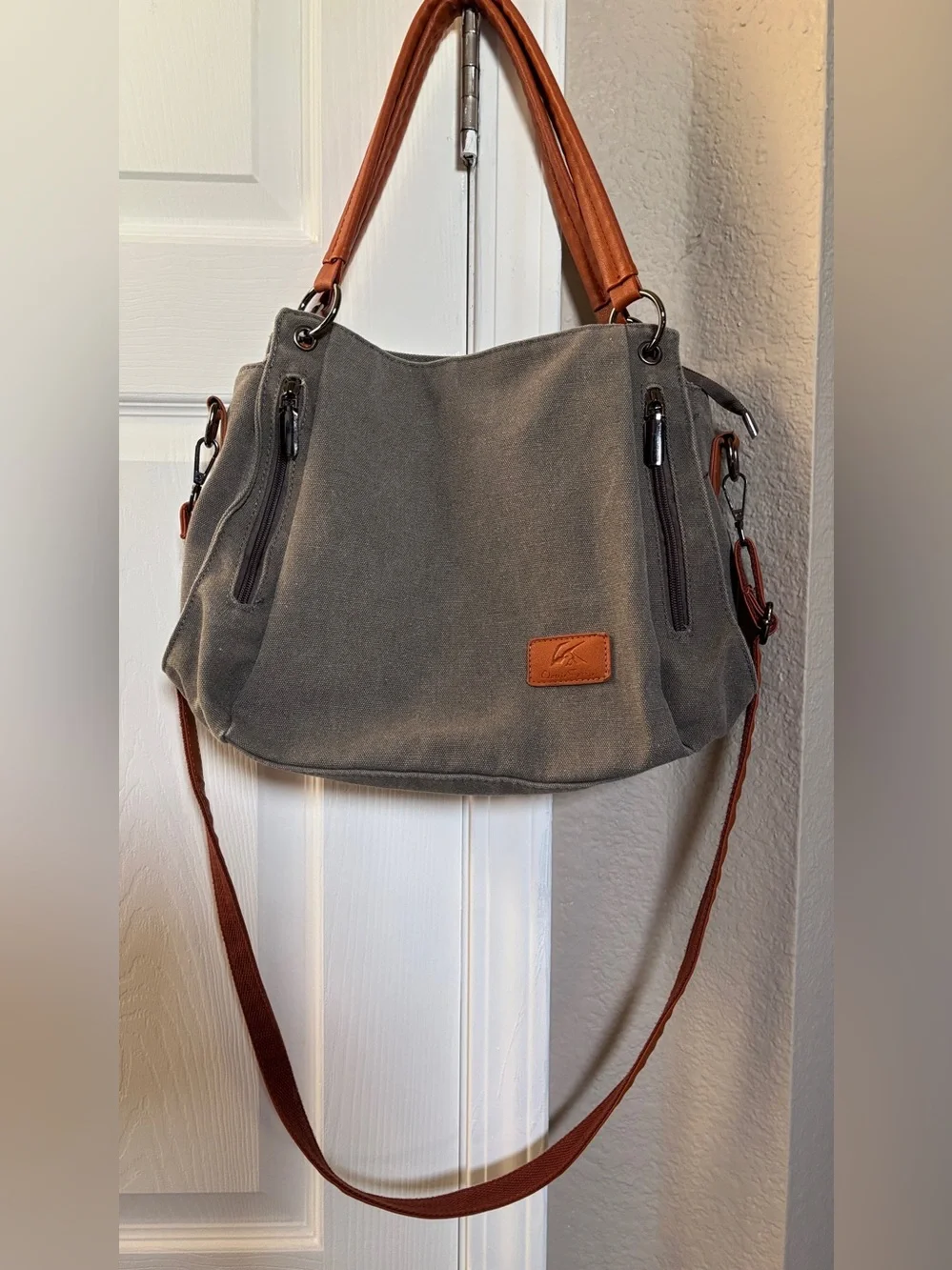 Gray Canvas Convertible Tote Crossbody Bag Multi Pocket Brown Strap